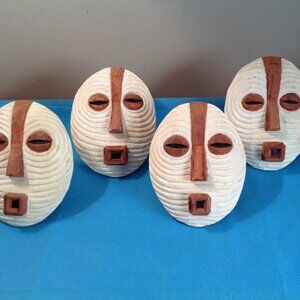 Vintage? Hand Carved Wooden African Tribal Art Mask Napkin Rings Set - Lot 2